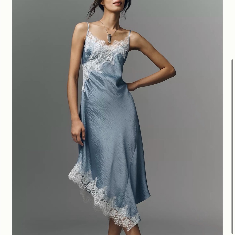 Anthropologie Sky-Blue Lace-Trim Slip Dress